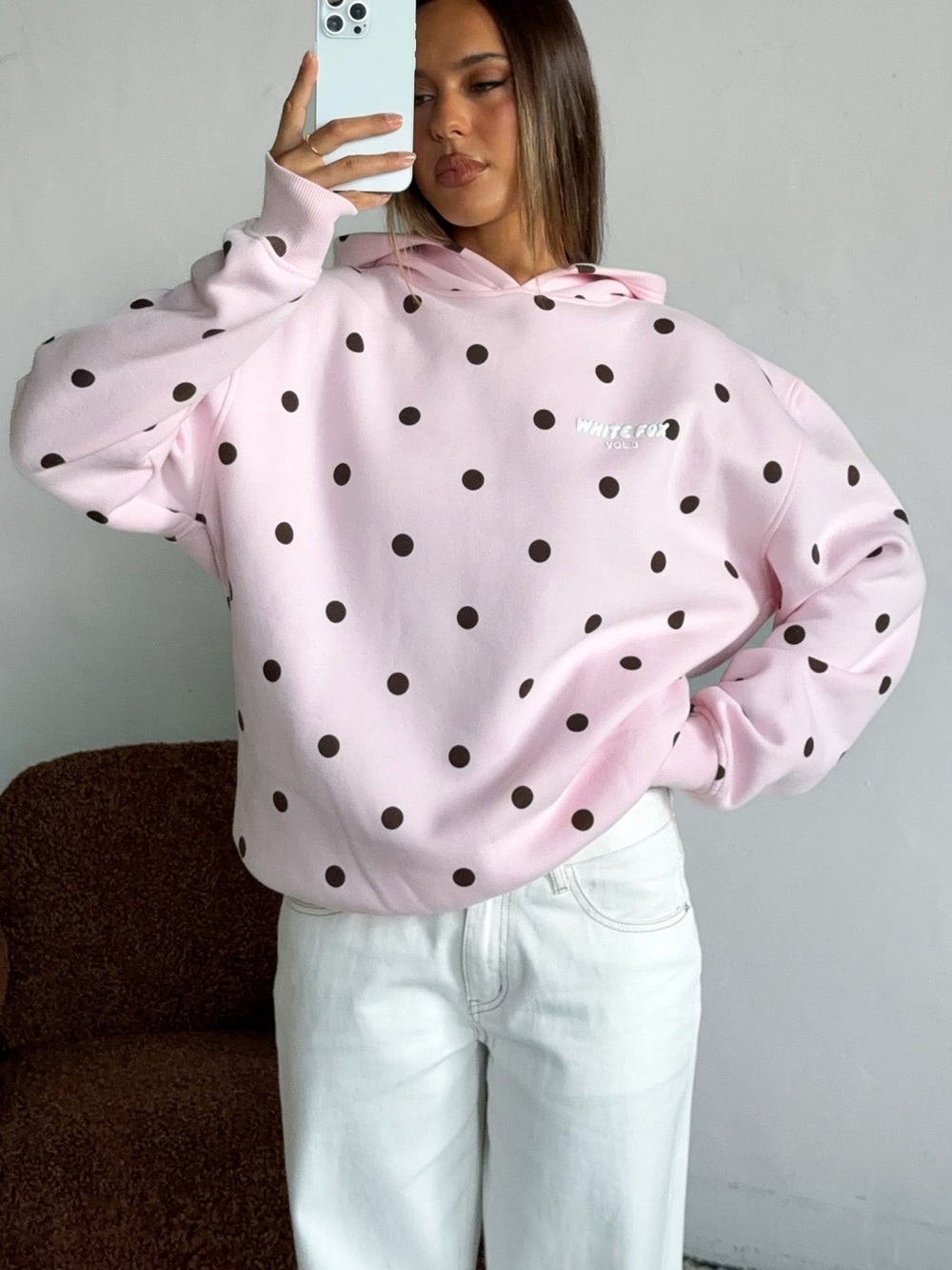 White Fox Offstage Printed Pink Polka Dot oversized Hoodie